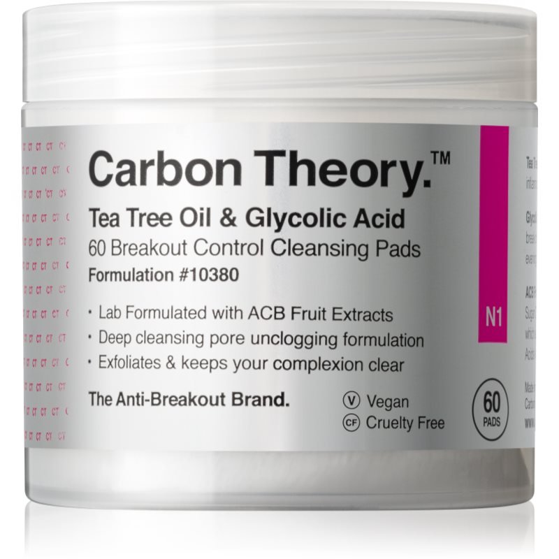 Carbon Theory Tea Tree Oil & Glycolic Acid čisticí tampónky pro rozjasnění a vyhlazení pleti 60 ks - parfo.cz