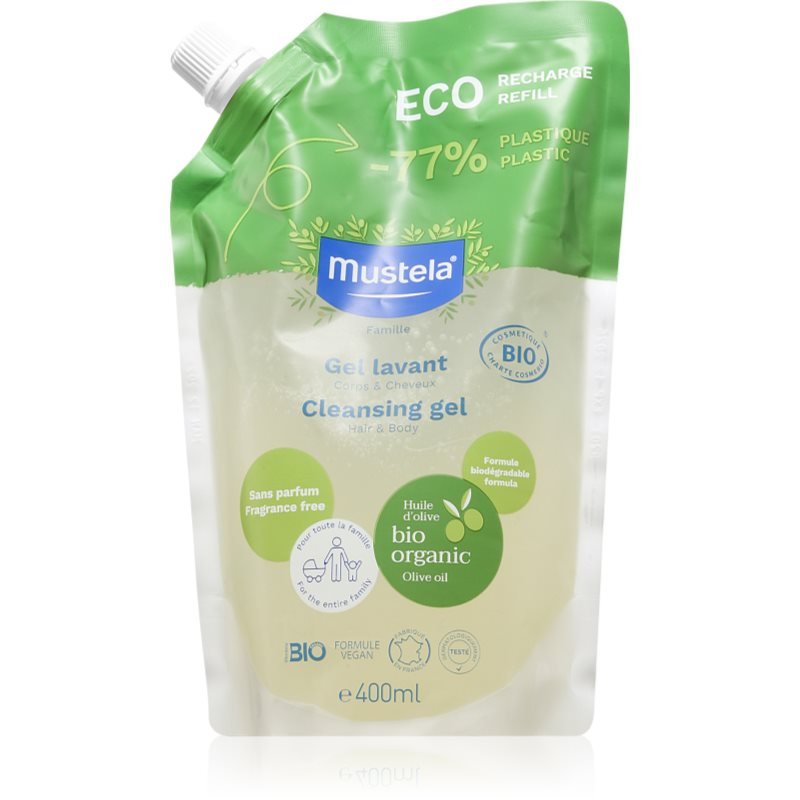 Mustela BIO mycí gel na tělo a vlasy pro děti od narození náhradní náplň 400 ml - parfo.cz